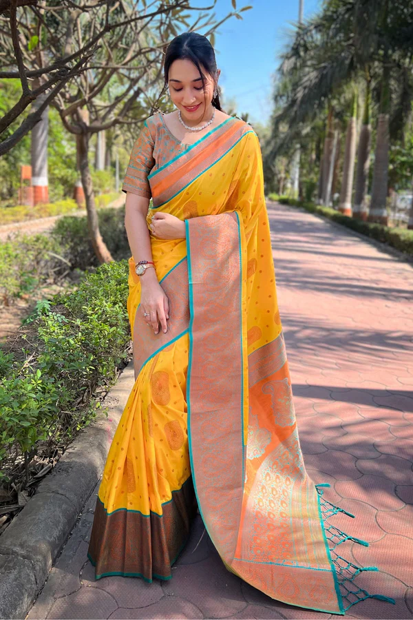 Fuel Yellow Zari Woven Soft Banarasi Saree