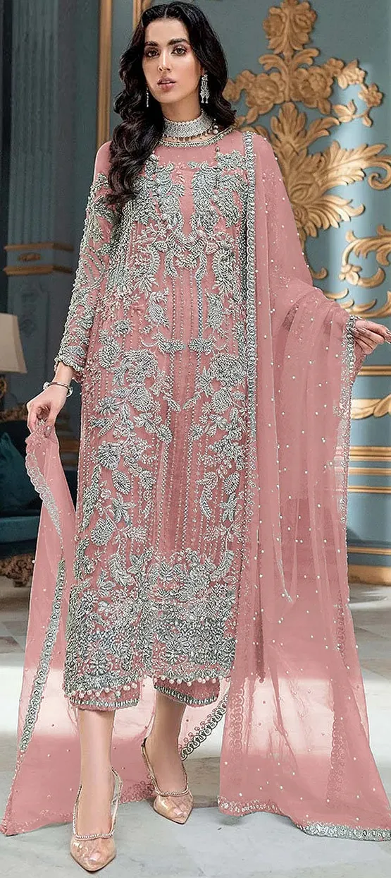 Luxurious Embroidered Pink Chiffon Suit