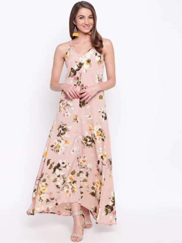 Peach Floral Maxi Dress with Spaghetti Straps