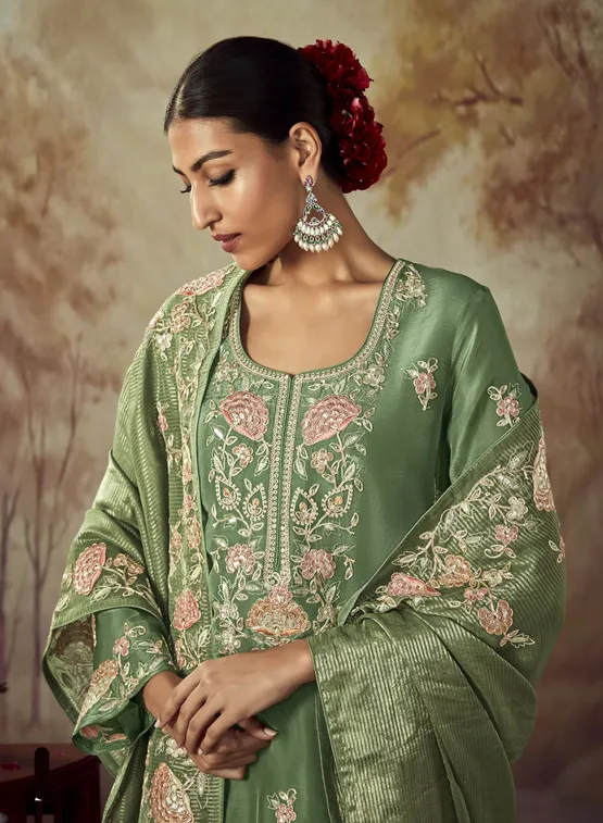 Graceful Olive Green Embroidered Formal