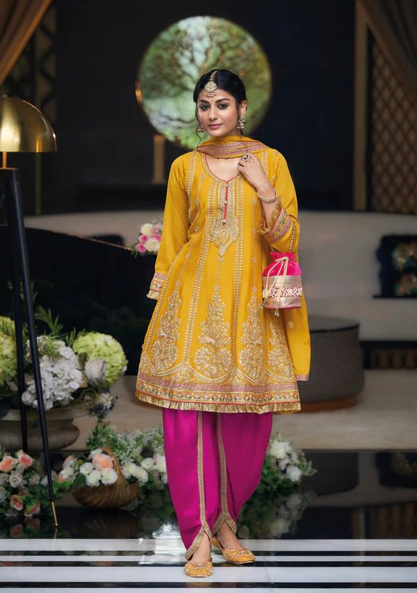 Yellow Chinon Embroidered Dhoti Suit with Pink