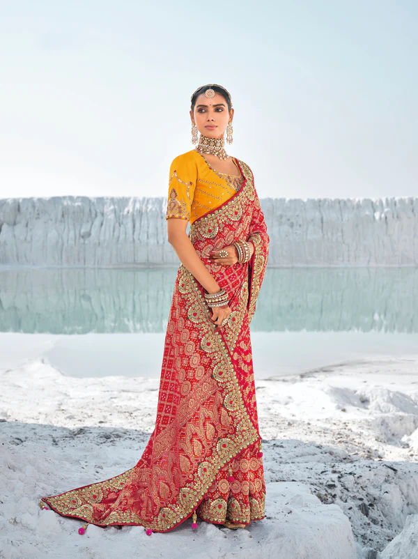 Red Pure Georgette Bandhani Patola Saree