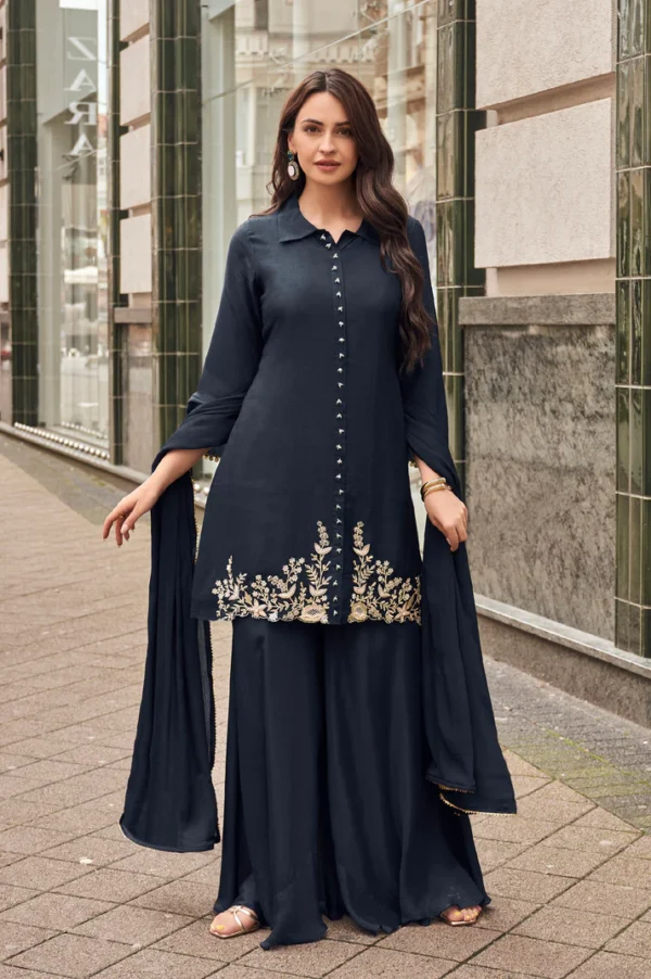 Navy Blue Embroidered Sharara Suit