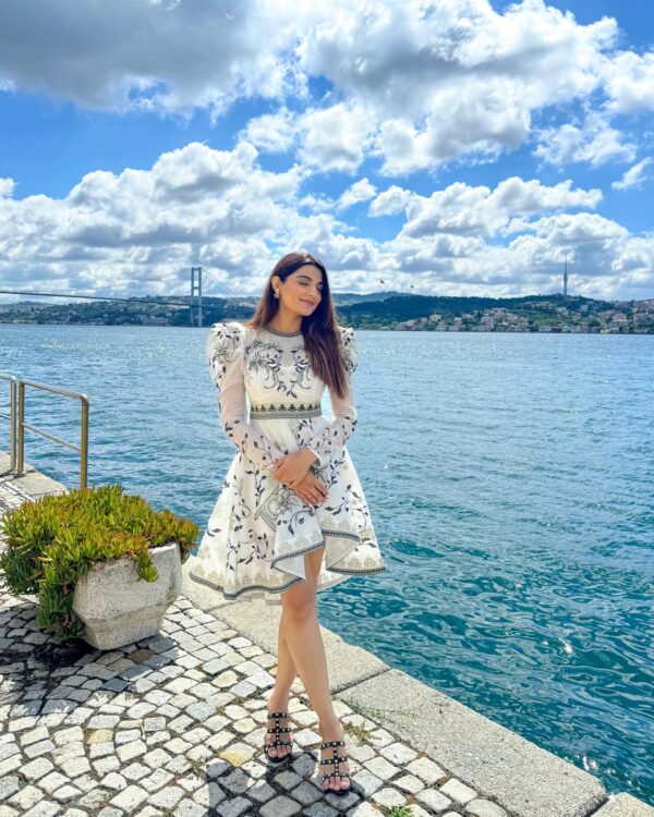 Floral Embroidered White Dress with Puff Sleeve